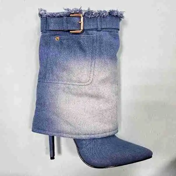 2023 sexy high heel short plus size 43 ankle women blue boots denim 5