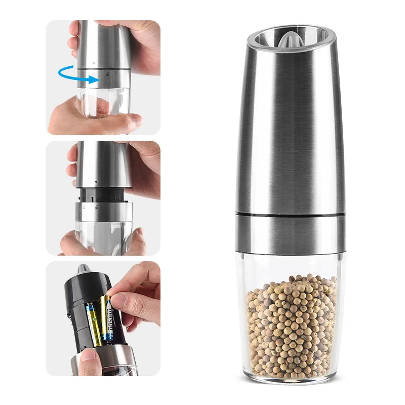 Adjustable Coarseness Gravity Battery Powered  LED Light  One Hand Automatic Operation Electric Pepper and Salt Grinder Mill Set