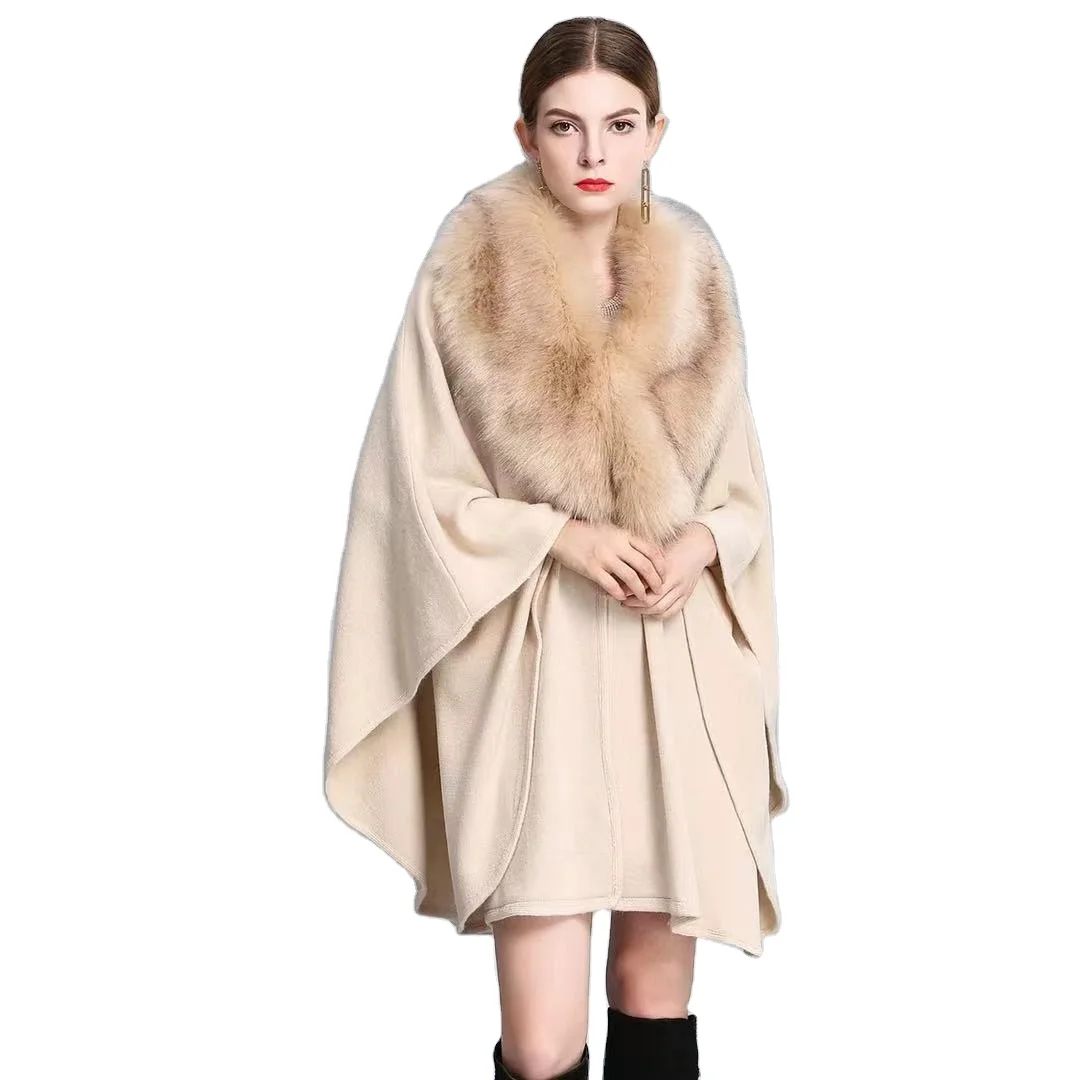 Quick Shipping Shawl Woolen Shawl Coat Winter Fashion Temperament Big Fur Collar Cape Woolen Coat Women