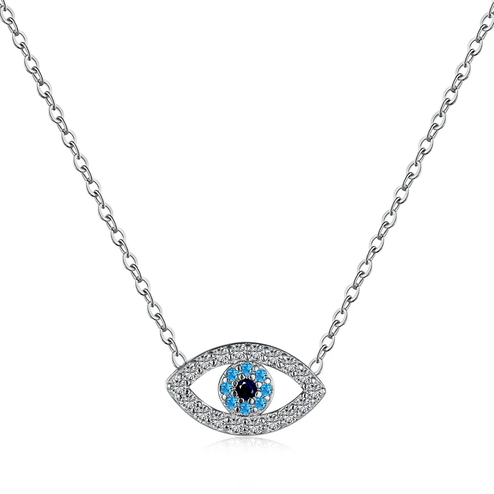 Dylam Rhodium Plated Evil Blue Eye 5A Cubic Zirconia Pendant Necklace 925 Sterling Silver Greek Protection Jewelry for Women