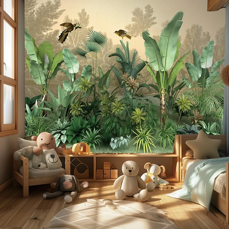 Rainforest self-adhesive wallpaper forest plants wall paper green background wall mural peel and stick wall fabric