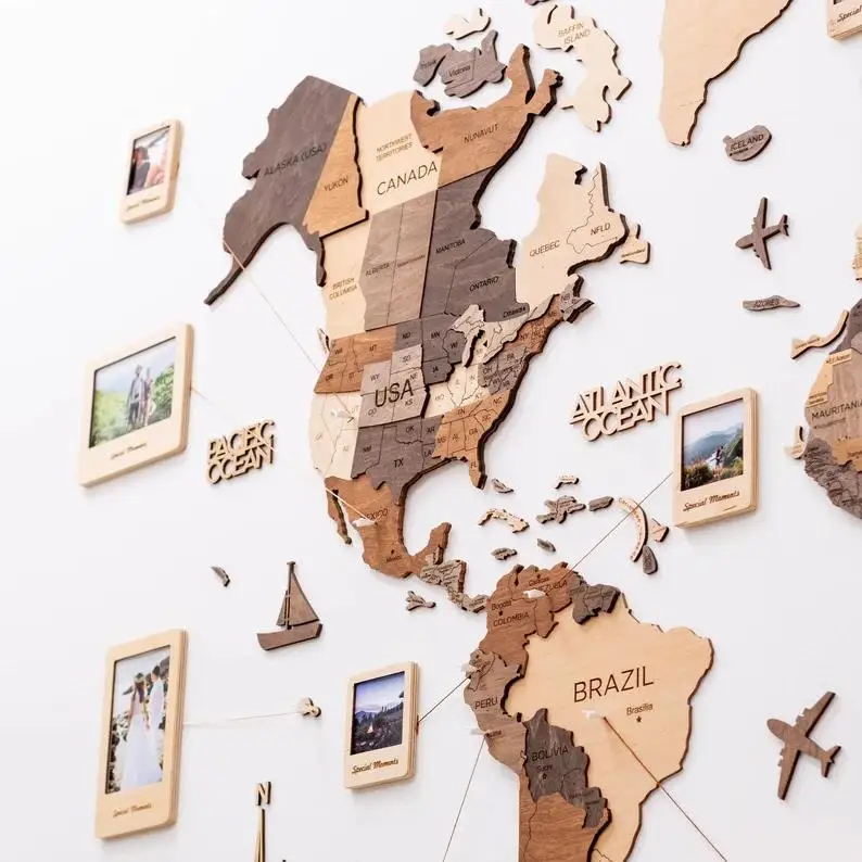 Chunlei OEM mapa del mundo New Style 3D Wood World Map With light Home decor