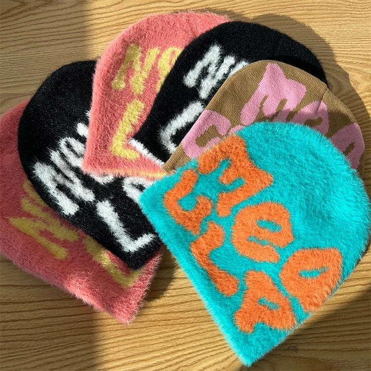 Beanies With Custom Logo All Over Print Designer Unisex Graphic Jacquard Mohair Knit Winter Beanie Hats