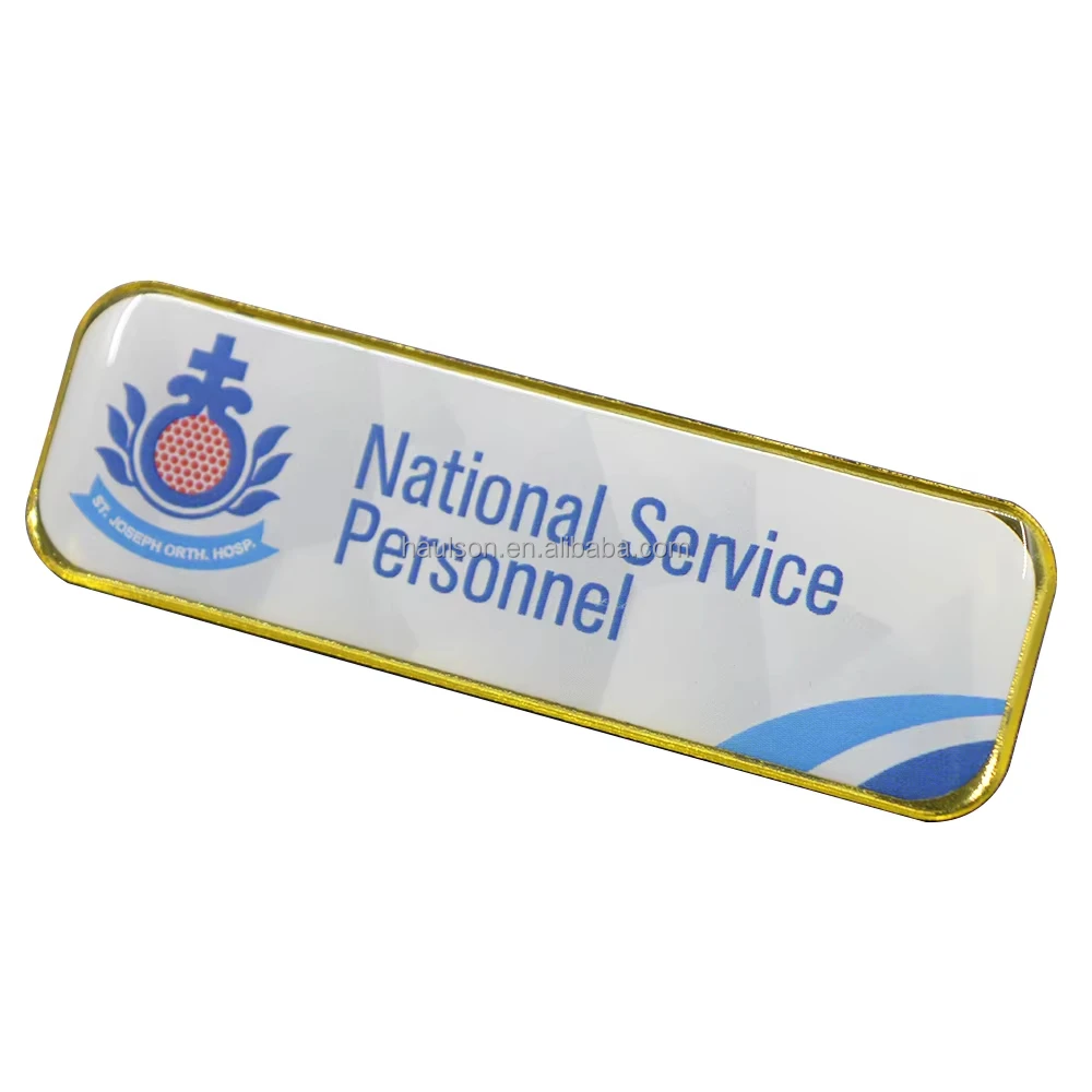 Custom 65*20mm Stainless Steel Corporate ID Rectangular Tag Metal Hanging Badge Name Brooch Epoxy Lapel Pin with Text Logo