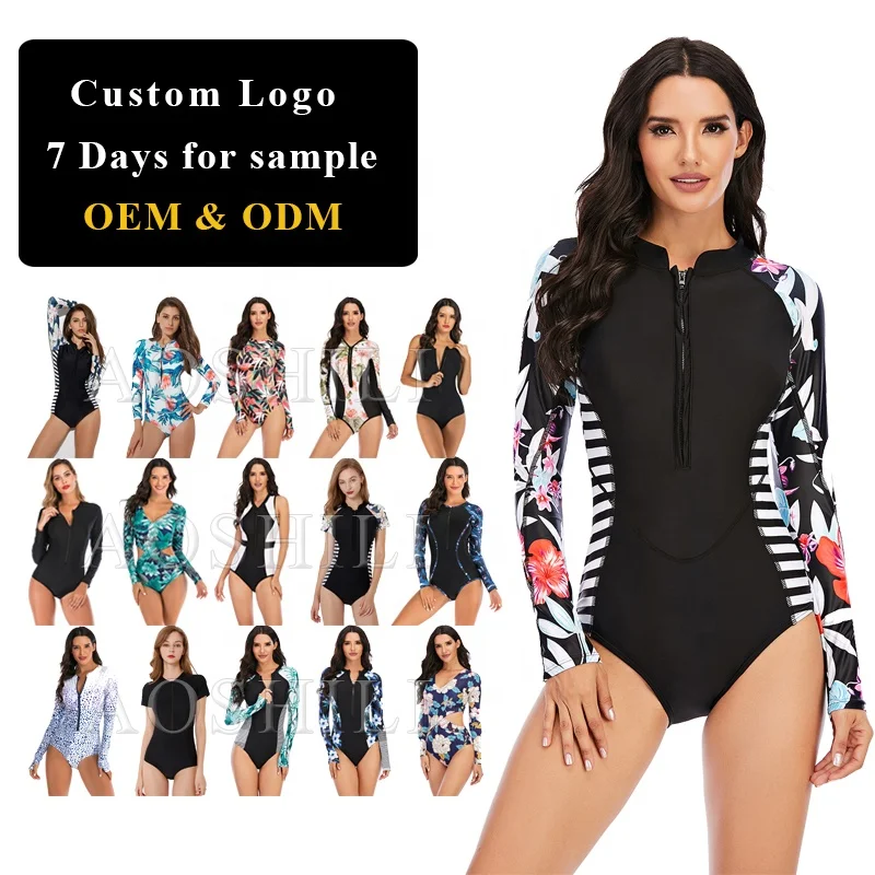 AOSHILI long sleeve rash guard women surfsuit floral swimsuit one piece swimming beachwear guangzhou-outpace amazons top seller