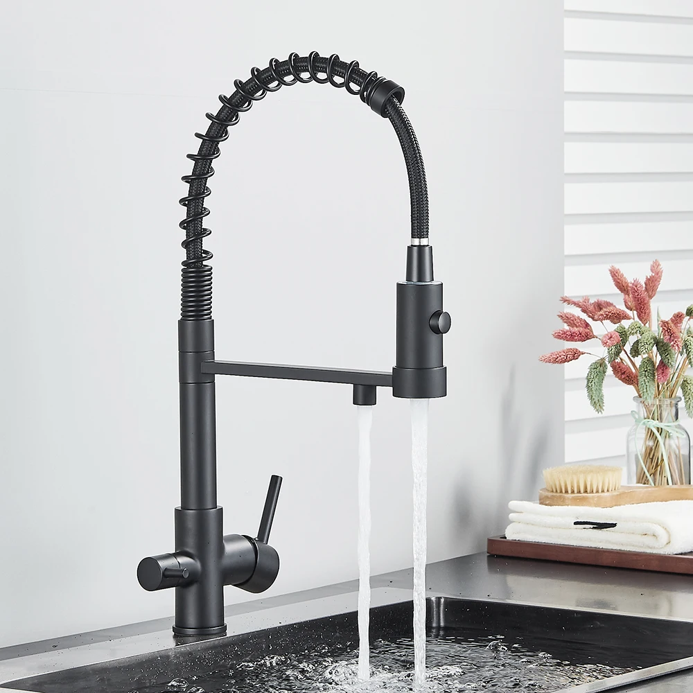 Matte Black Filtered Kitchen Faucet Pure Water Kitchen Faucet Dual Handle Hot&cold Drinking Water Purified Kitchen Mixer Taps