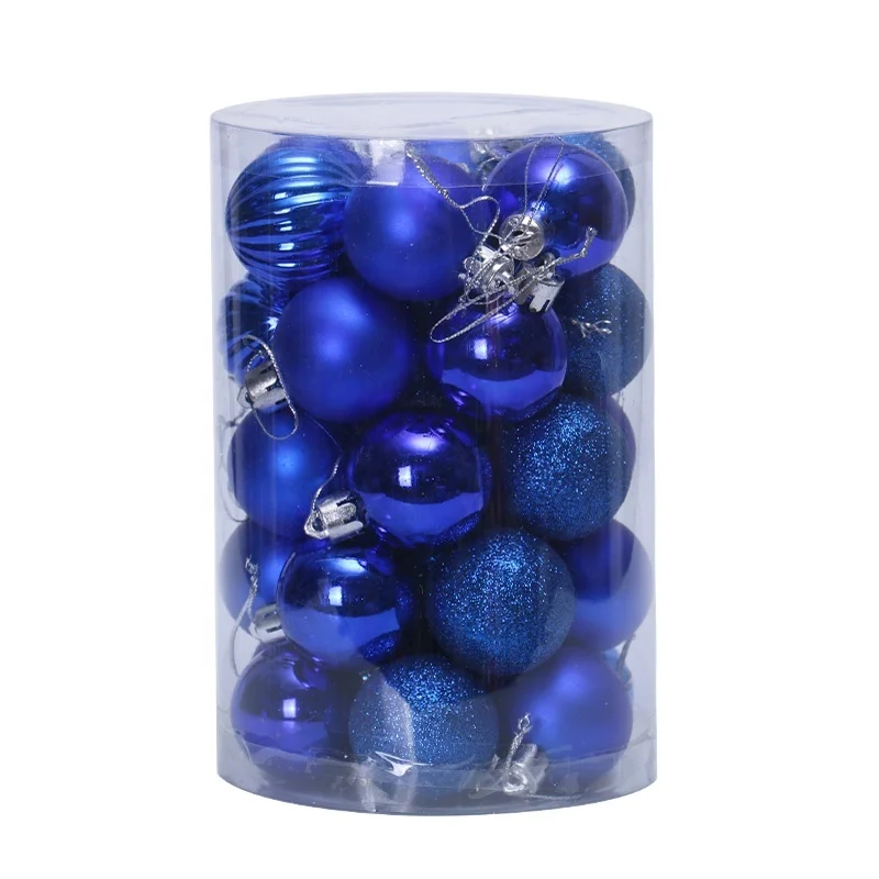 8cm/24pcs Plain blue Hanging Christmas Plastic Balls with shiny/matte/glitter balls for  Christmas Party