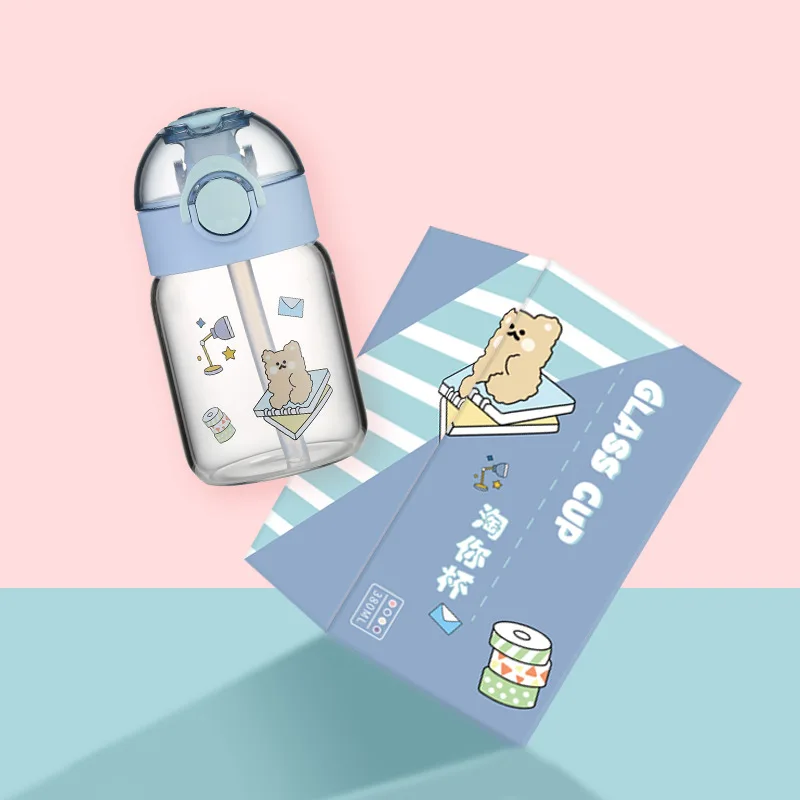 Wholesale 380ml Kids Drinking Bottle Borosilicate Glass Cartoon Baby Water Bottle With Straw Travel Leakproof Milk Cup