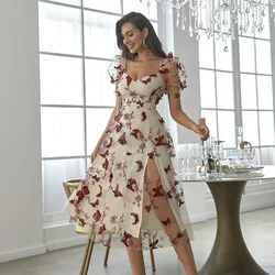 JF New Embroidery Elegant Temperament Print Closed Waist One-Line Shoulder Long Skirt Low Cut Gauze Skirt Sexy Casual Dresses