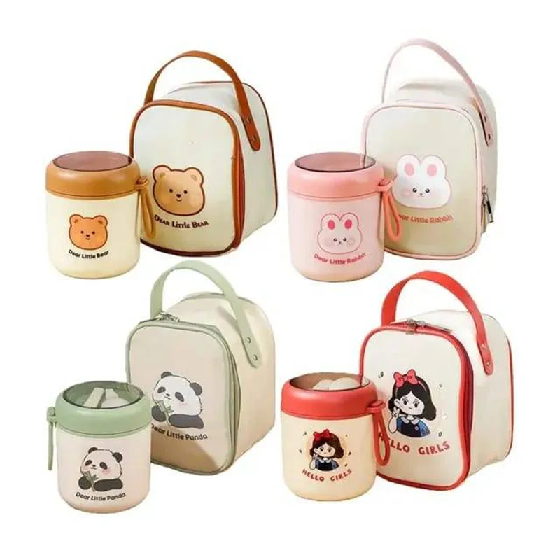 Kids Stainless steel insulation breakfast cup with spoon portable cute panda Squirrel cartoon lunch box soup cup for children
