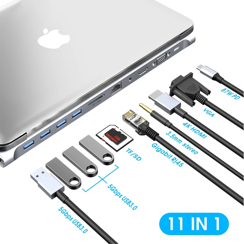 11 in 1 USB Hub Laptop Docking Station USB 3.0 Hub HDTV VGA PD Charging SD TF Card Reader Type C Converter Hub