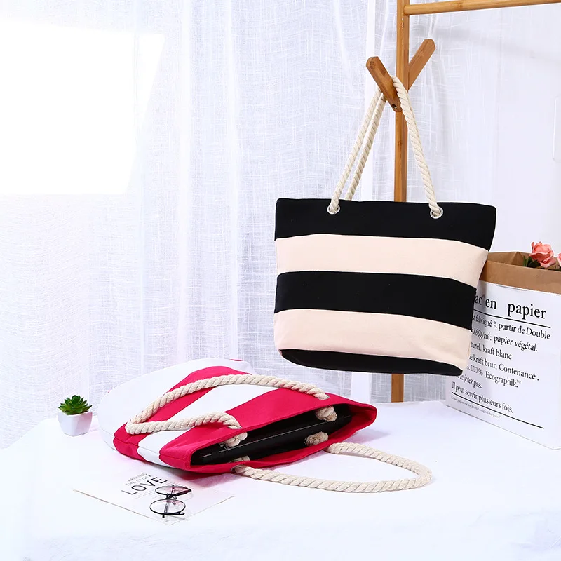 Wholesale Cheap Price Striped Zipper Cotton Canvas Tote Bag With Cotton Rope Eco Shopper Ready to Ship