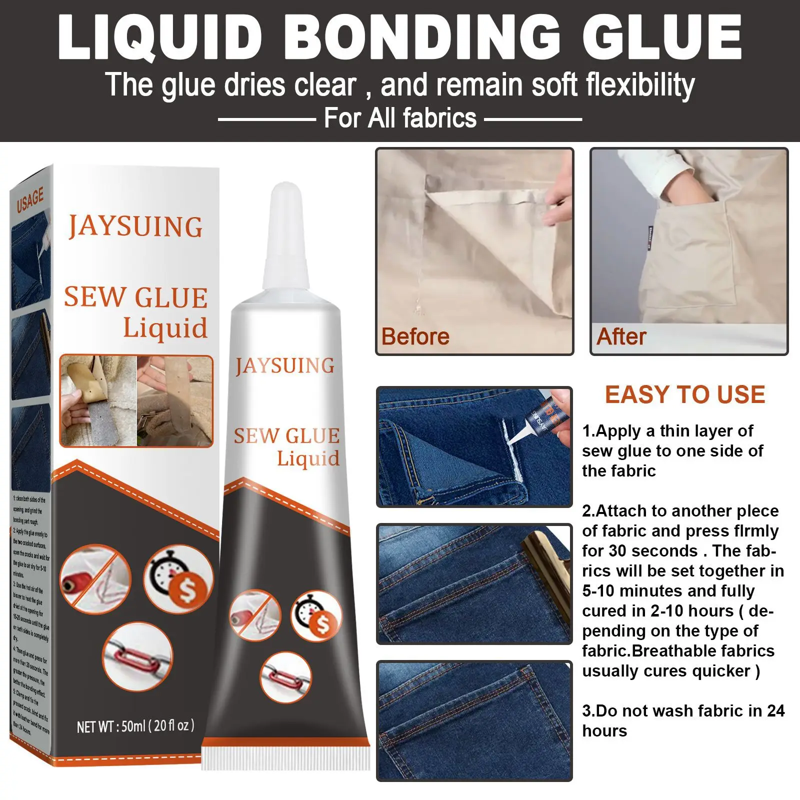 Jaysuing 50ML Waterproof Fabric Glue Effective Nylon Fabric Glue Easy To Use Adhesive Glue For Fabric