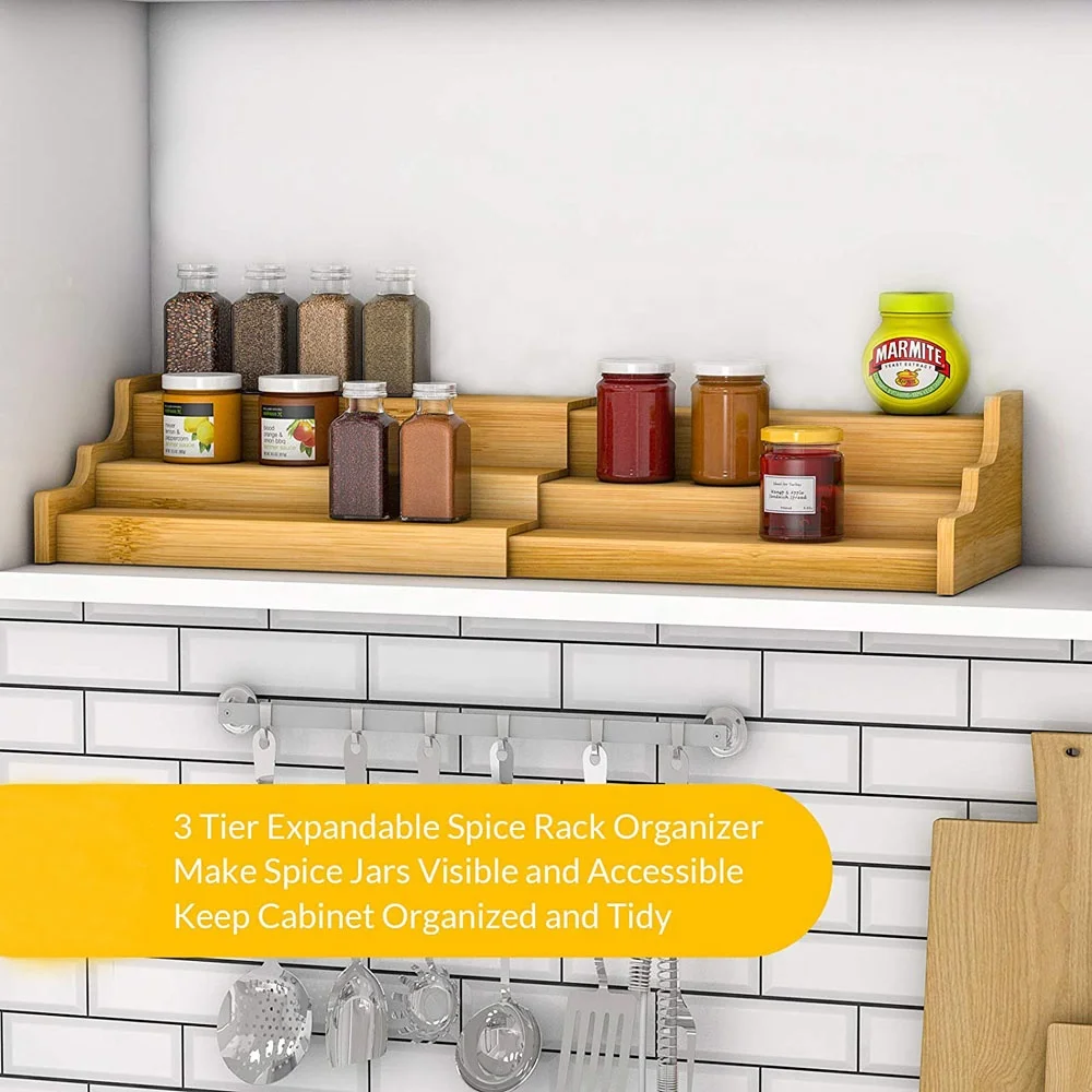 Expandable kitchen organizer rack cabinet accessories free-standing bamboo 3 tier seasoning holder wooden spice rack