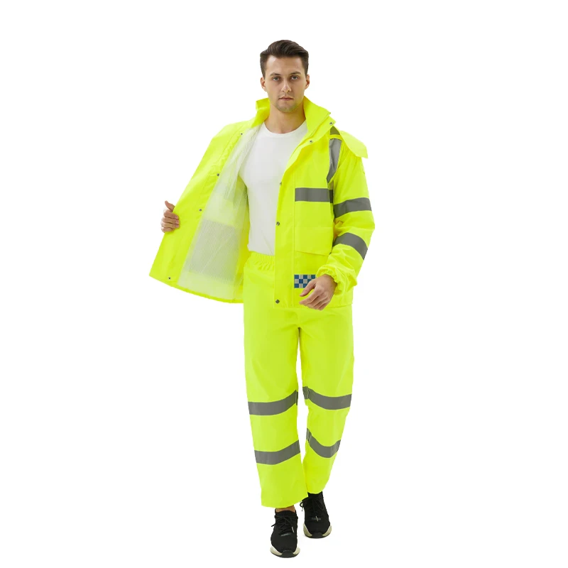 Wholesale Construction Worker Yellow Raincoat Waterproof FR Reflective PU with Oxford Cloth for Adults Industrial Work Camping