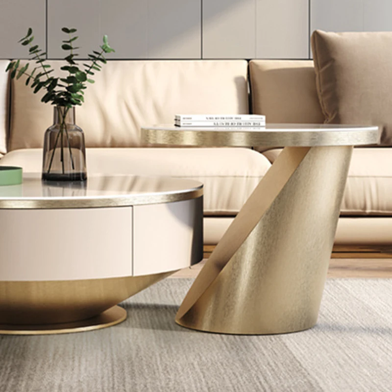 Modern Design White Round Marble Dlate Coffee Table Set Wooden Furniture Gold Metal  Luxury Center Table For Living Room
