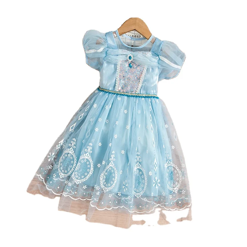 Hot Sale Cartoon Character Princess Elsa Cosplay Blue Dress Costume Halloween Girl Castle Carnival Party