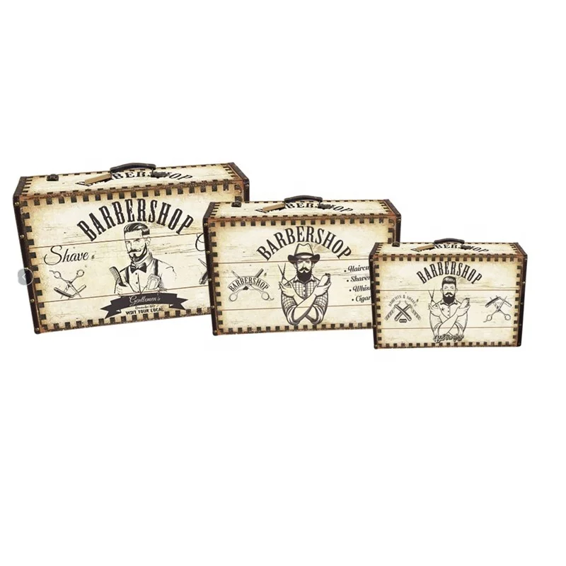 
Highly Durable Home Decor Ornament Vintage Rectangle Set of 3 Barber Shop Design Wooden Storage Suitcase 