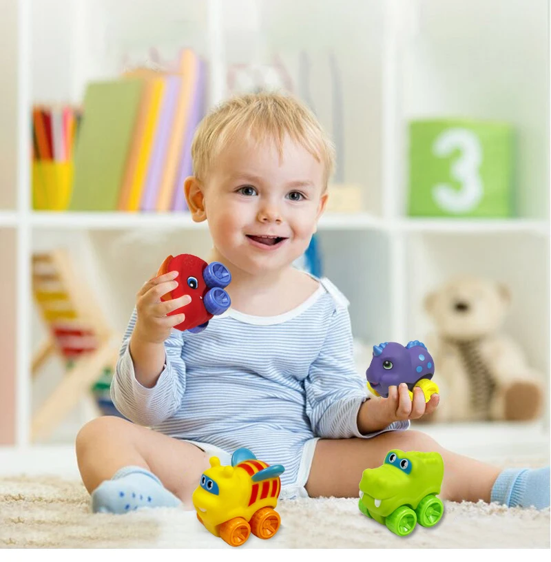 Wholesale Factory Lovely Cartoon Soft Animals Hippo Dinosaur Tiger Small Car Toys PVC Vinyl Plastic Animal Cartoon Cute Cars
