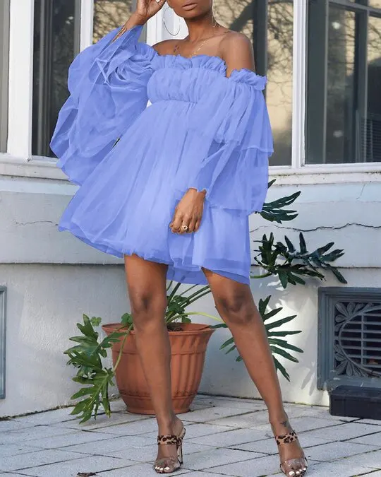 S-5XL Hot Trend Casual Cute Elastic Ruched Bandeau Off the Shoulder Sheer Mesh Layer Flutter Sleeve Tulle Overlay Mini Dress