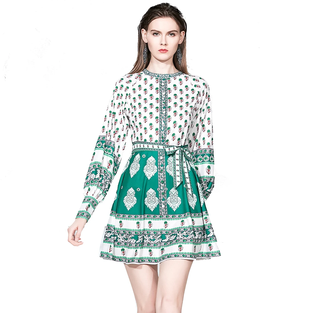 
Wholesale Belt Waist Lantern Sleeve Belt Waist Positioning Print A Line Mini Dress 