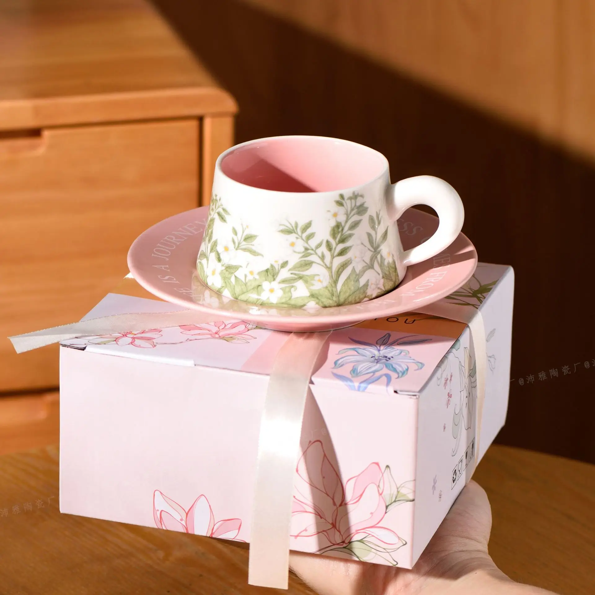 In Stock Vintage Jasmine coffee cup + dish ceramic mug set with gift box