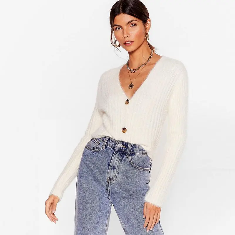 Wool Cotton Sweater Tops Women Custom Cardigan Sweaters Fluffy Knit Button Down V Neck Cardigans