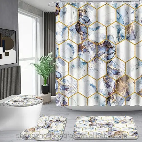 Bathroom Accessory Set, Including Non-Slip Rugs,Toilet Lid Cover and Bath Mat, Waterproof Shower Curtain,Honeycomb Marble