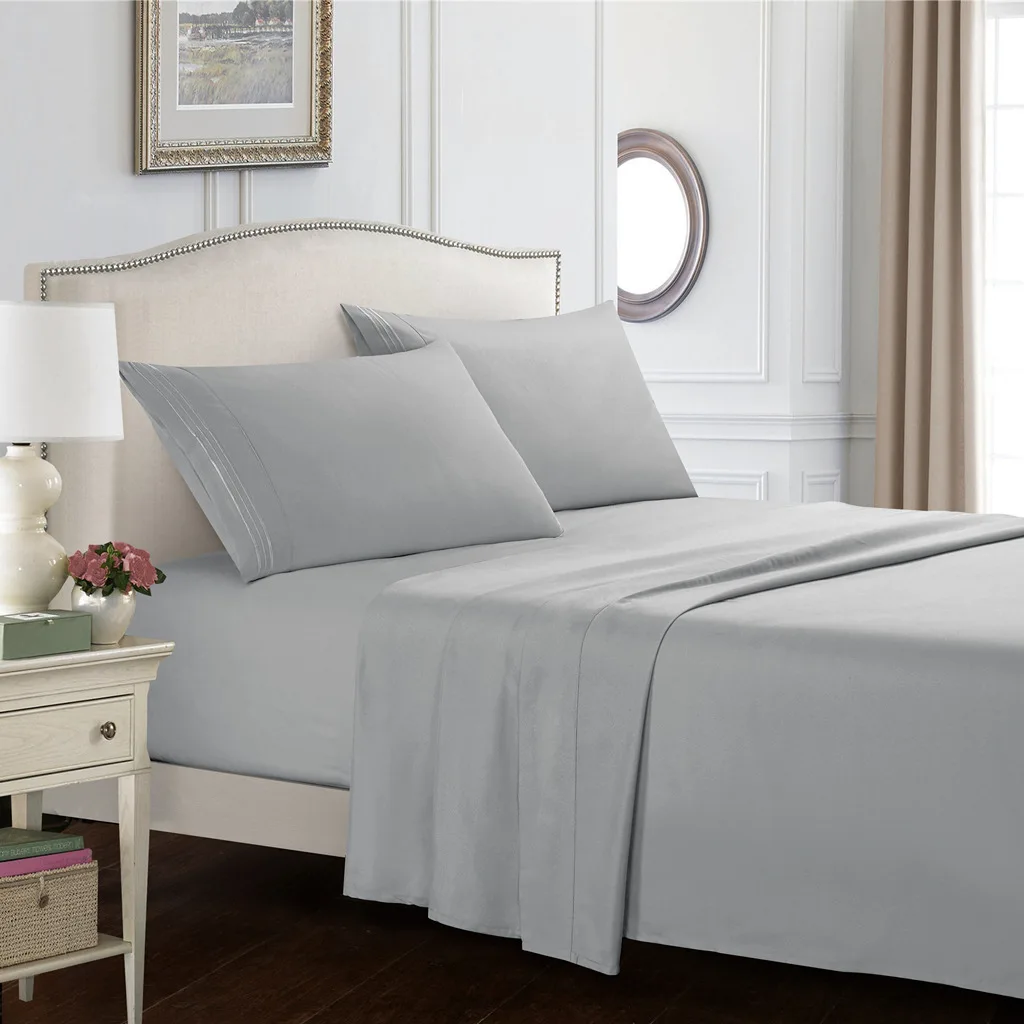
Light Grey Solid Color Polyester Embroidered Brushed Microfiber Bedding Sheet Set Beautiful Bedsheets 