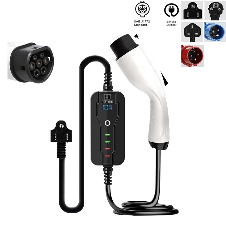 Portable Ev Charger Electric Vehicle Car Charger 16A 32A with LCD Screen IEC62196 Schuko Plug and J1772