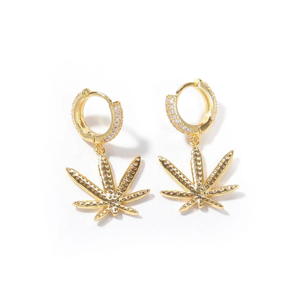 Hip hop Fashion Fine Jewelry Unisex Paved CZ Iced out Maple Leaf Dangle Hoop Earrings Stud Punk Hoop Earrings For Gift