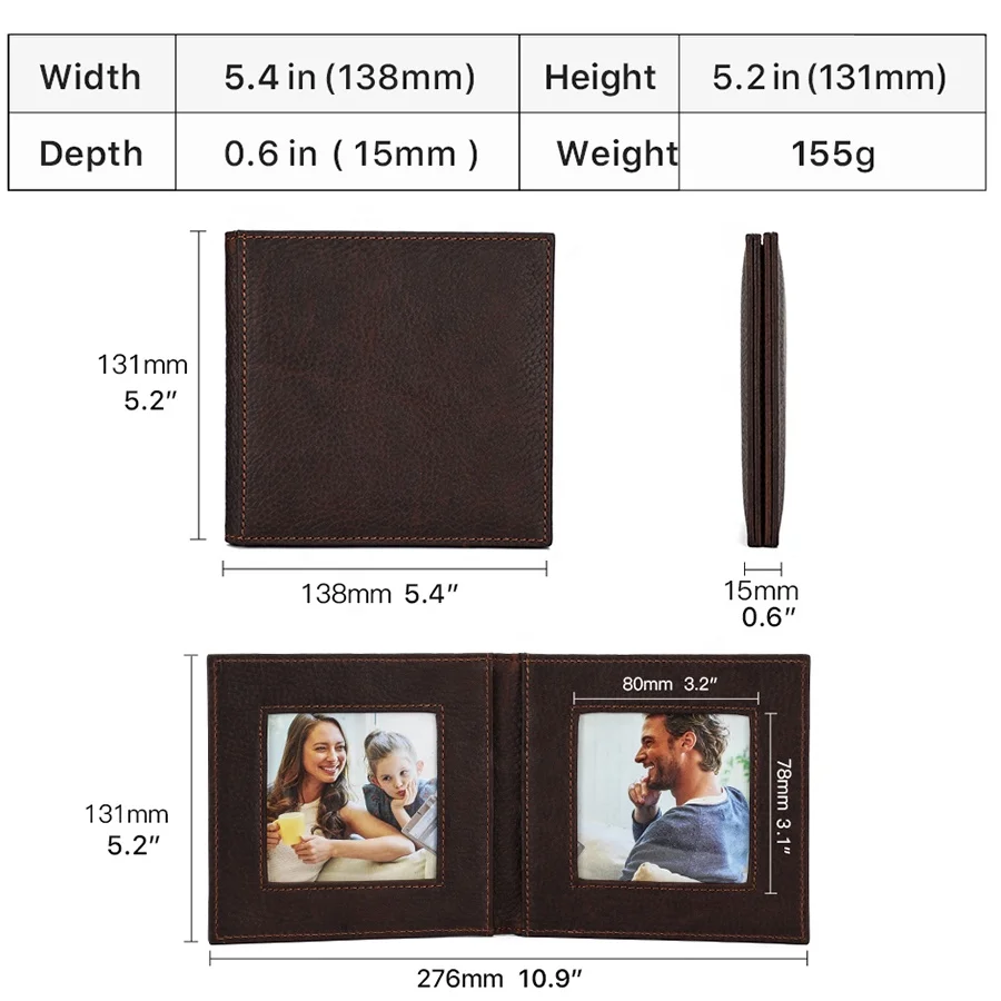 Vintage Genuine Leather Double Picture Frame Opening Folding Two Pictures Family Photo Tabletop Frame Stands Vertically