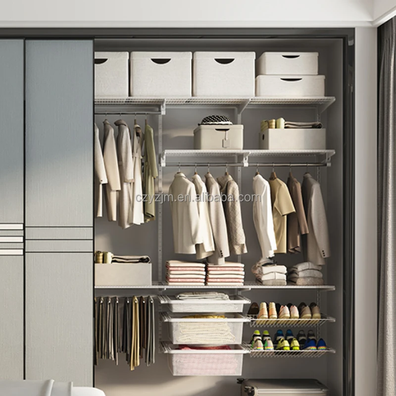 Modern Wall Mount Wardrobe Closet Storage Shelves Metal Steel Pull out Mesh Basket Pant Rack and Clothes Hangers for Bedroom