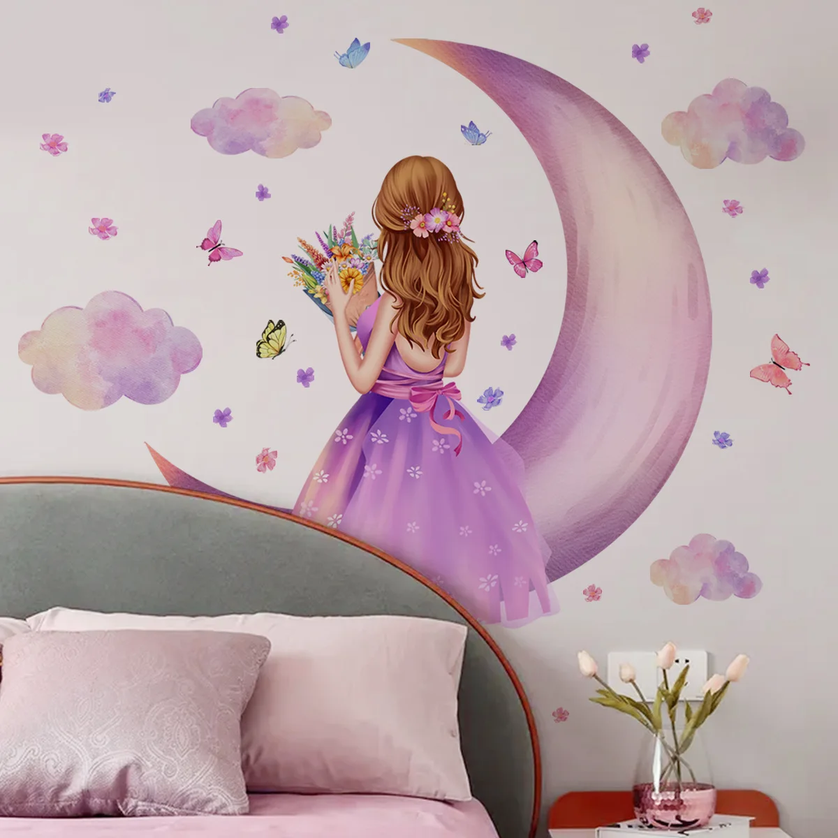 Girl Moon Butterfly Wall Sticker Self Adhesive PVC Wall Decal for Home Decoration