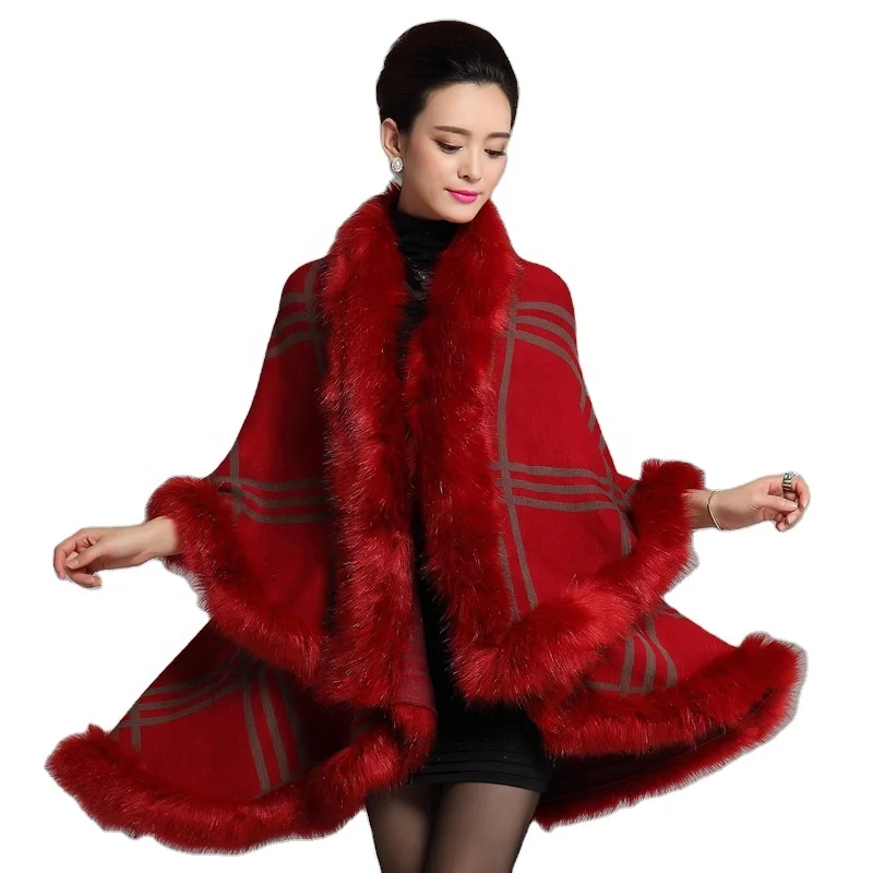 
High Quality Knitted Plus Size Thick Fur Collar Cape Coats Women Winter Poncho Cape 
