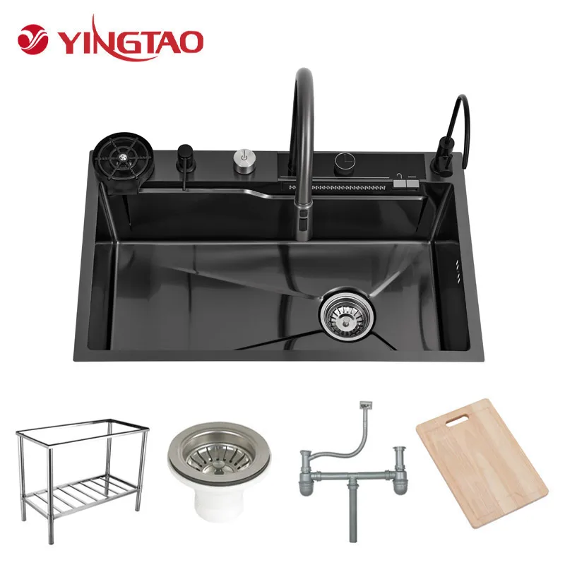 Italian multi function stainless steel waterfall single bowl smart kitchen sink
