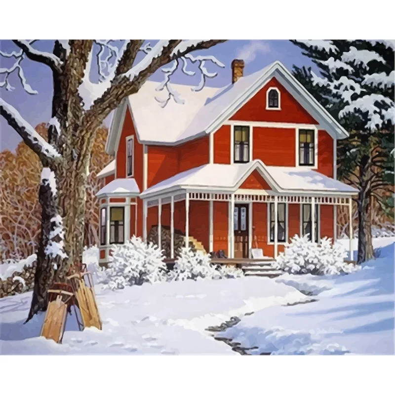 HUACAN Diy Oil Painting By Numbers Winter Ready Frame House Canvas Drawing Paint By Numbers Landscape For Adults Kids Gift