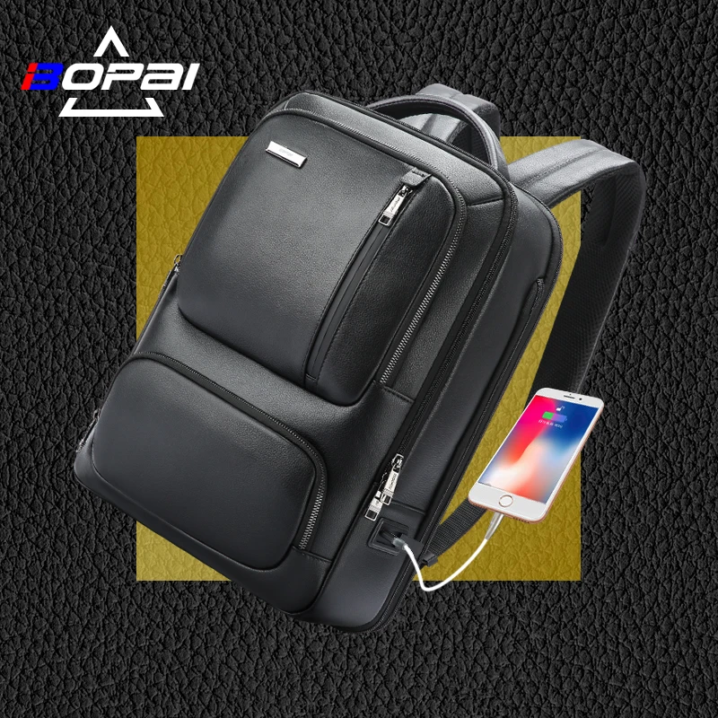 BOPAI BSCI Cowhide Men USB Charging Laptop 15.6 Inch Business Travel Expandable Anti Theft Custom Genuine Real Leather Backpack