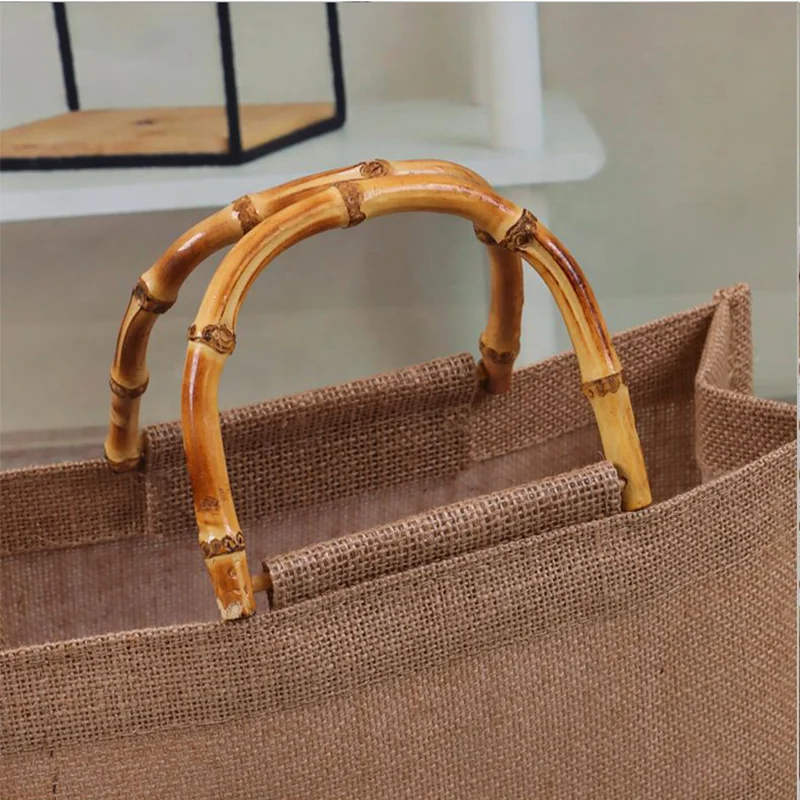 Custom Logo Eco Reusable Jute Handle Bag Shopping Burlap Bag Jute Tote Bag Bamboo Handle