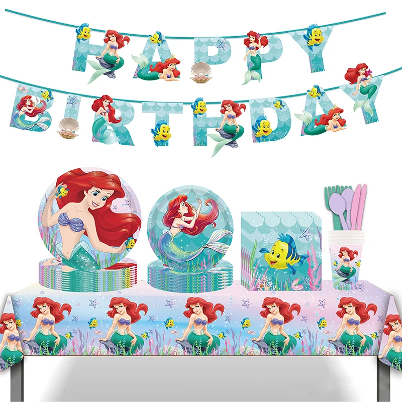 New Arial Mermaid Party Supplies Disposable Paper Tray Paper Cup Paper Napkin Table Cloth Party Decoration Tableware