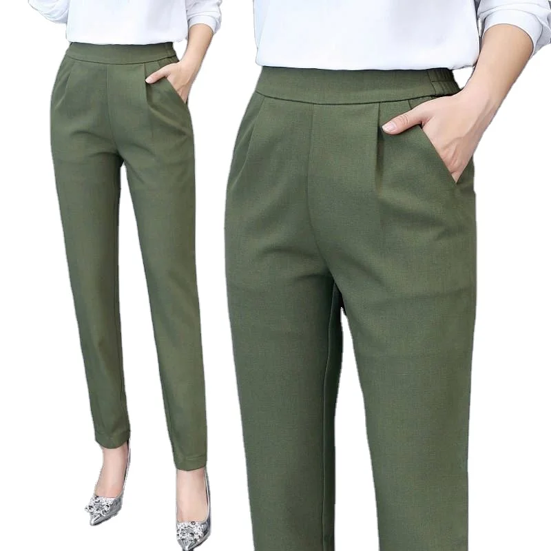Wholesale cotton soft blank elastic waist custom logo long office pants fabric for women 2022