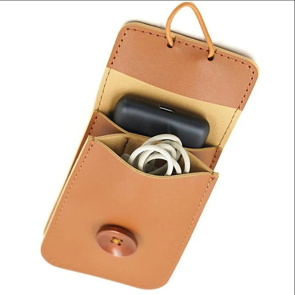 Retro Crazy Horse Genuine Cowhide Leather Earphone USB Cable Organizer Bag Charger with Button