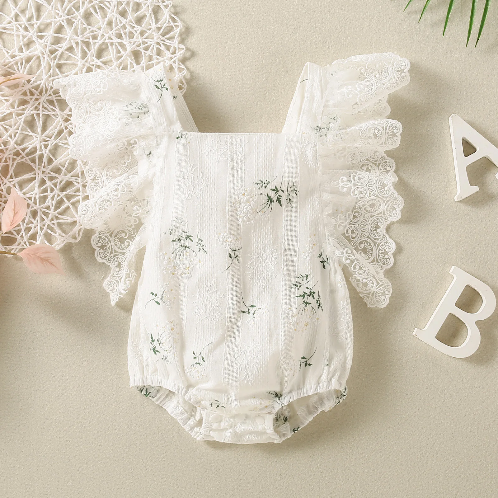 Luxury Printed Lace Trim Sleeveless Romper Baby Girl Clothes 3 To 6 Months Children Girls Summer Clothing