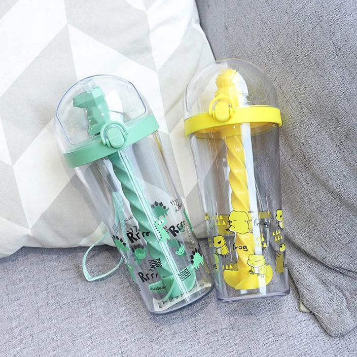 500ml Mini Creative Animal Printed Outdoor Sports Cup with Threaded Straw Student Plastic Water Cup