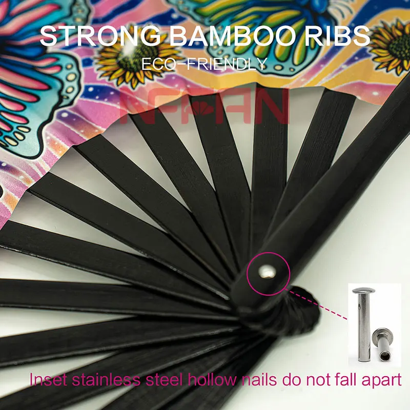 Customize 33cm Large Bamboo Folding Hand Rave Fan Clack Printed Fan
