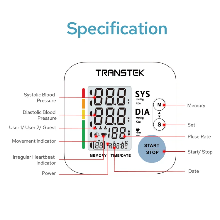 TRANSTEK Clear Screen One-key Measurement Upper Arm Cuff Blood Pressure Monitor Automatic Tensiometro Digital BP Machine