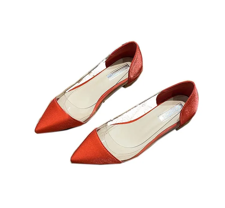 Beautiful colored fashion satin with transparent PVC flat pumps ballet shoes for ladies