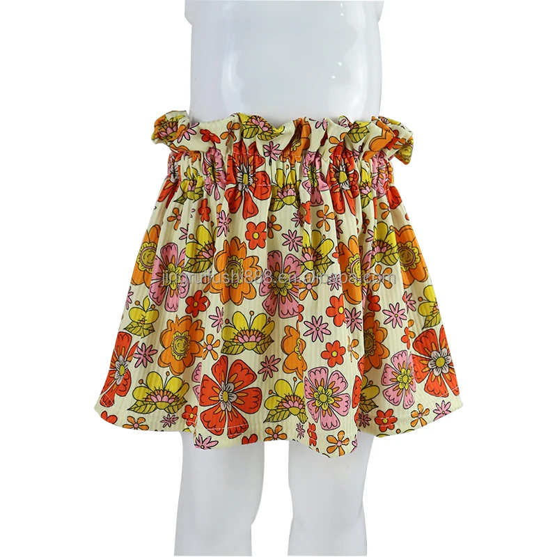 Hot Selling Rib Knit Fabric Fashion Baby Girls Dress High Waist Pleated Toddler Baby Flower Print Ruffle Skirt