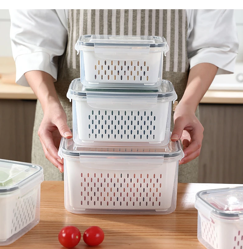 Plastic Fresh Produce Saver Vegetable Fruit Meat Fridge Food Storage Container Basket Set With Lids