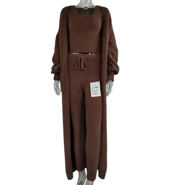 
2021 Fuzzy loungewear women sets High Quality 3pcs home suit set Winter Sweater Knit cardigan Robe Long Pants Tops 